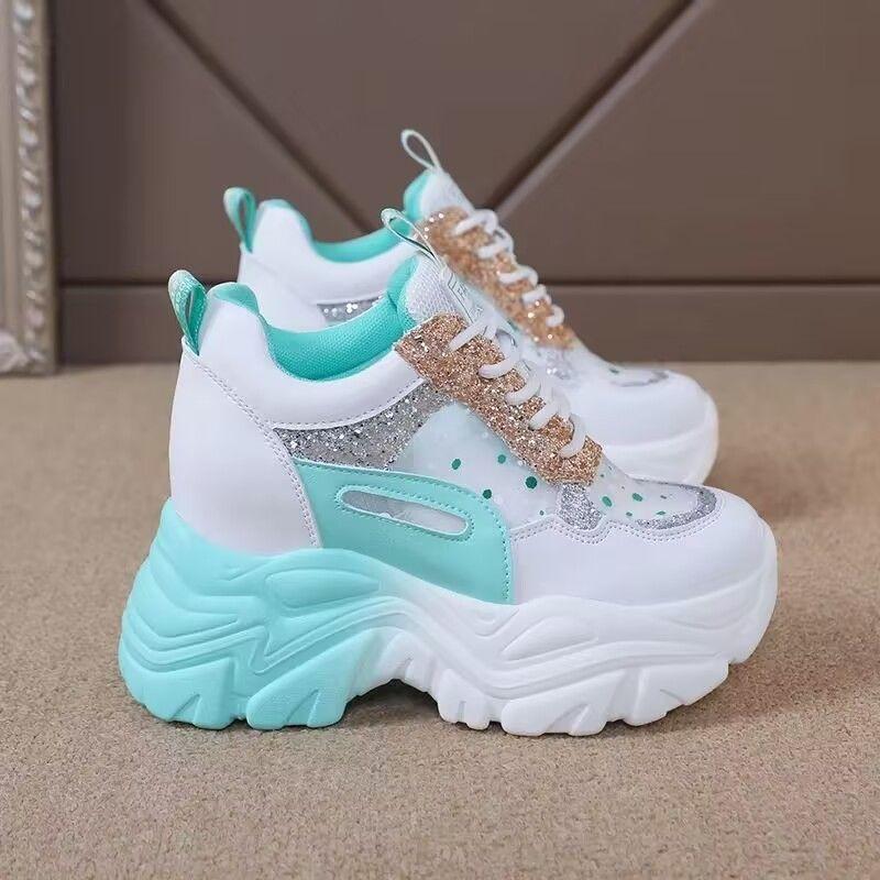 Fashion Glam Sporty Best - Selling White & Mint Green Chunky Dad Sneakers, Glitter & Mesh Detail, Ideal for Daily & Party