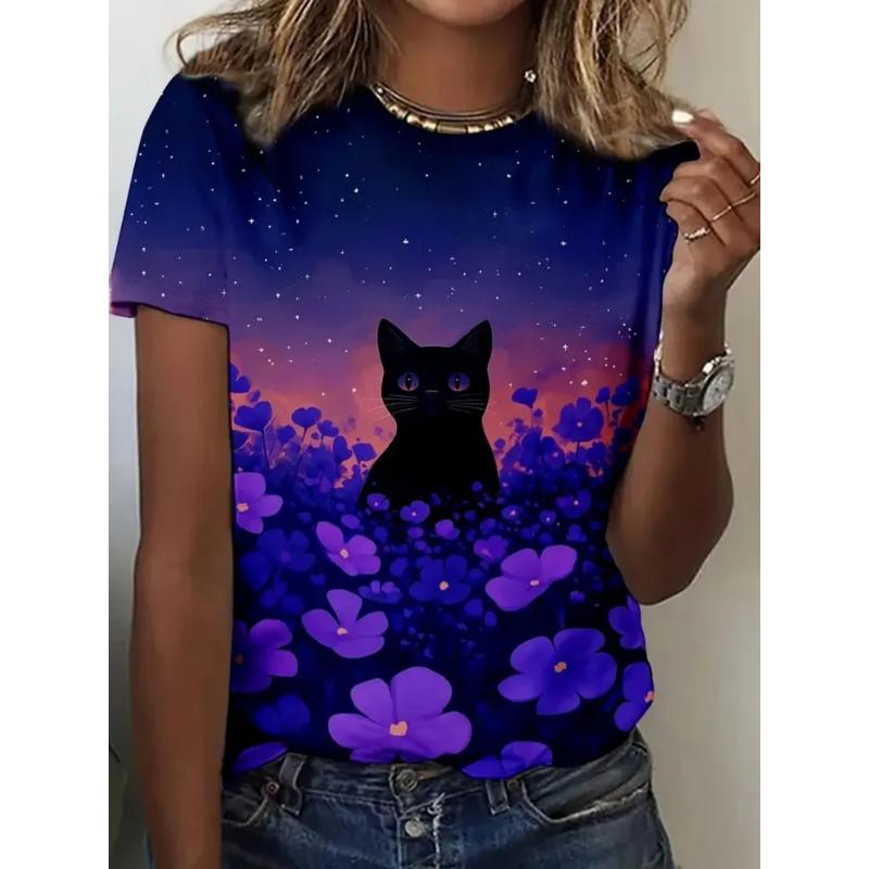 Fashion Women's Crew Neck Short Sleeve 3D Animal Color Printing Animal Short Sleeve Crew Neck T-Shirt
