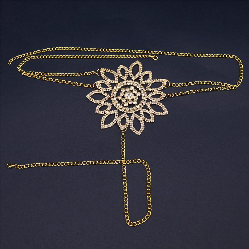 

European And American Sexy Sunflower Rhinestone Body Chain, Personalized Nightclub Diamond-Encrusted Bra Thong Set Accessories Gold plated
