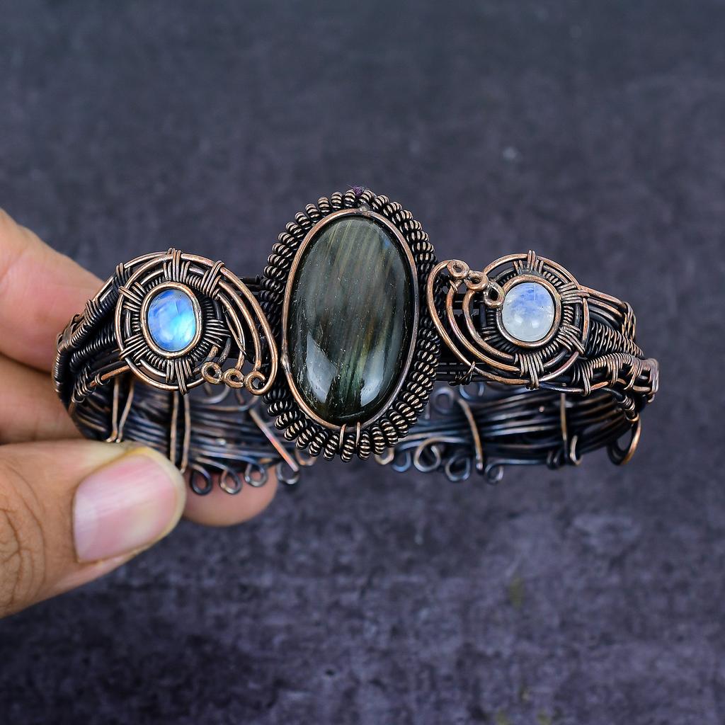 Labradorite Gemstone Copper Wire Wrap Cuff Bangle Adjustable