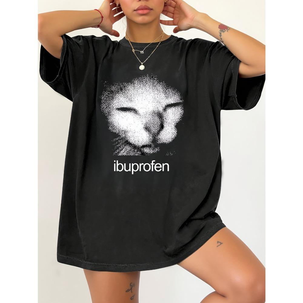Fun Street Ibuprofen Letter Printed Summer New Retro Street Unisexs and Womens Casual Fashion Tshirt