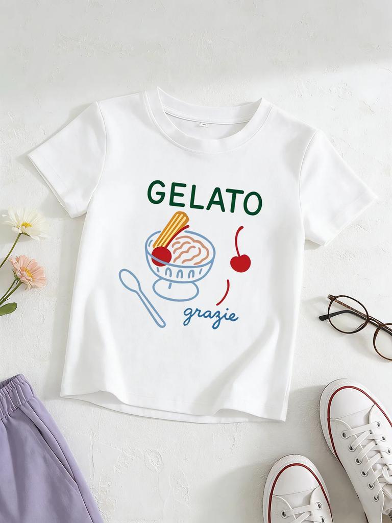 Aesthetic Gelato Dessert Graphic White Short Sleeve Tee Sweet Cherry Spoon Print Casual Kids T-shirt