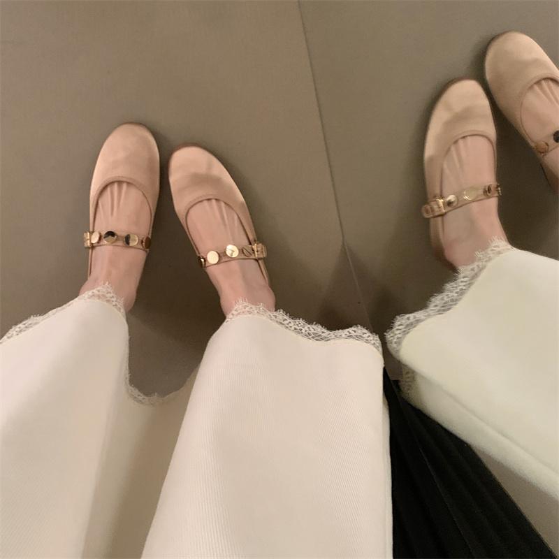 IPPEUM Ballet Flats Women Purple Satin Round Toe Mary Jane Shoes Buckle Silver Ballerina Flats