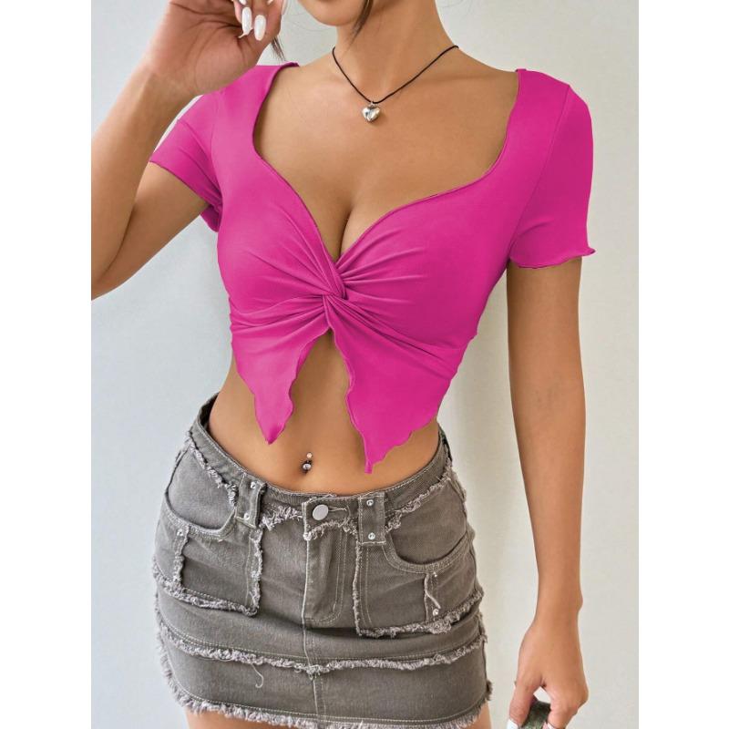 Women Sexy Twist Ruched Deep V Neck Short Sleeve Cropped Top