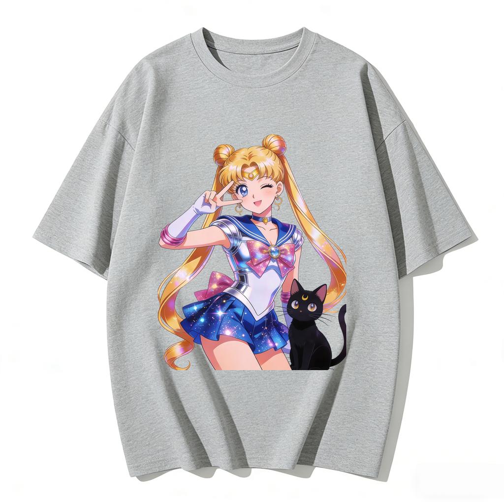 Summer  Hot Sailor Moon Tsukino Usagi  Luna Cat T-shirt Print Casual Tee Parent-child Matching Tops Versatile