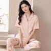 New pajamas women's summer short-sleeved trousers 100% pure cotton thin women's casual lapel mother loungewear set summer