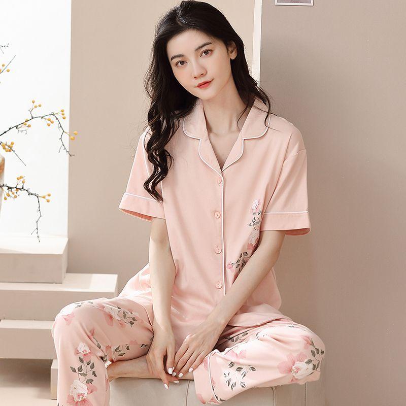 New pajamas women's summer short-sleeved trousers 100% pure cotton thin women's casual lapel mother loungewear set summer