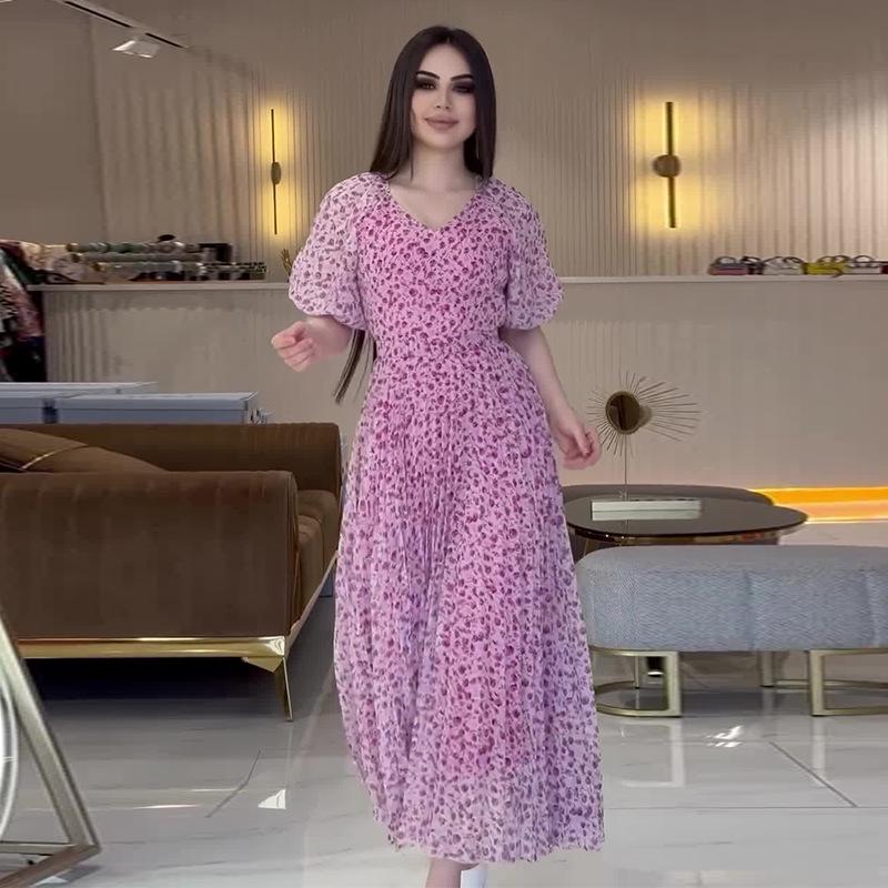 2024 Summer European and American Women's V-neck Slim Fit Pastoral Floral Dress