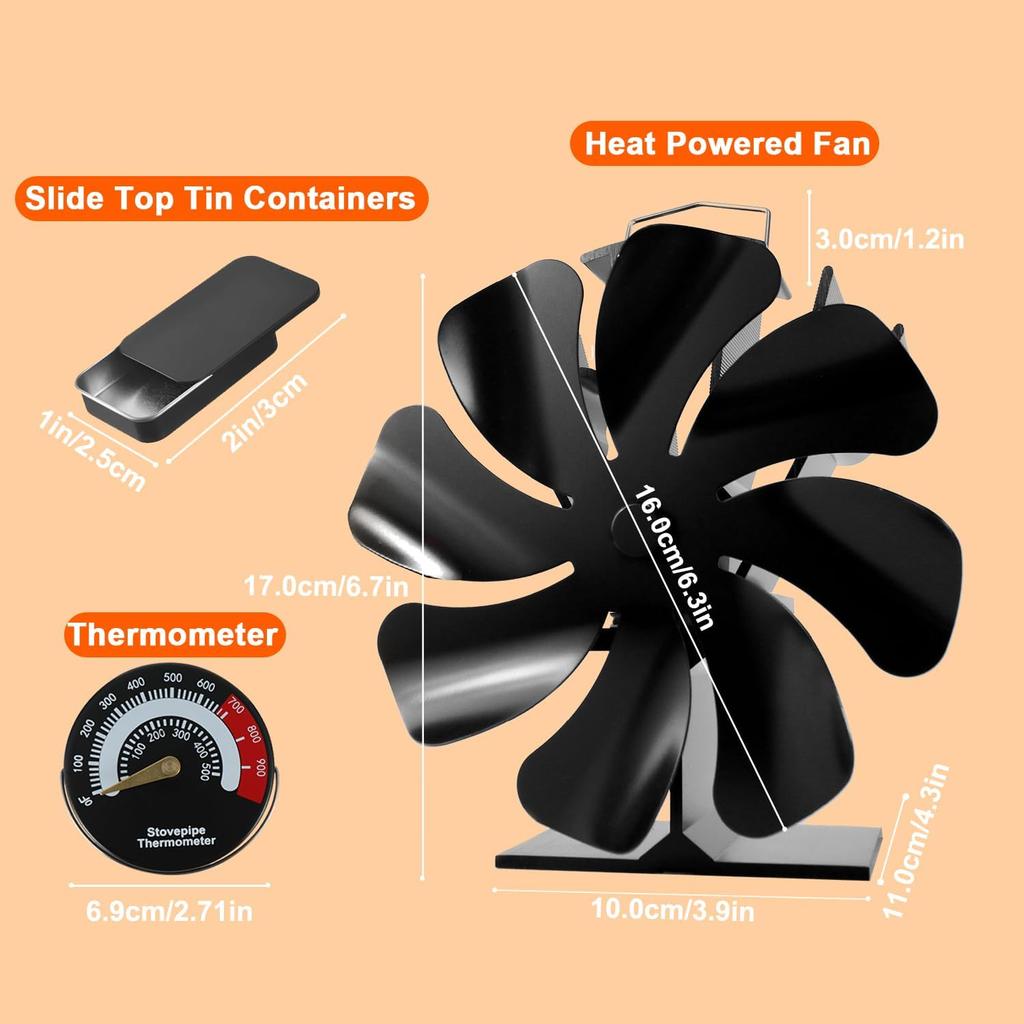 Tomersun Wood Stove Fan Heat Powered 8-Blade Stove Fan, Fireplace Fan for Wood Burning Stove/Pellet/Log Burner, w/Stove Accessories Thermometer &