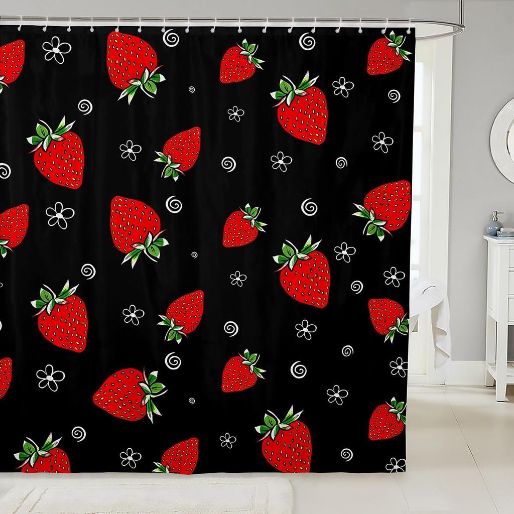 Kawaii Strawberry Shower Curtain For Bathroom Decor, Cute Pink Fruit Shower Curtain Waterproof Fabric Bath Curtain With Hooks