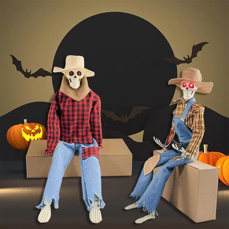 40CM Vtipné animované kostlivci hrající na banjo s červenýma LED očima Halloweenské houslové kostlivé ozdoby Kytarová lebka Dekorativní ozdoby