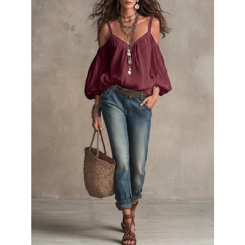 A Solid-color Strappy Casual Puffed-sleeve Vacation-style Top for Women in Autumn and Winter