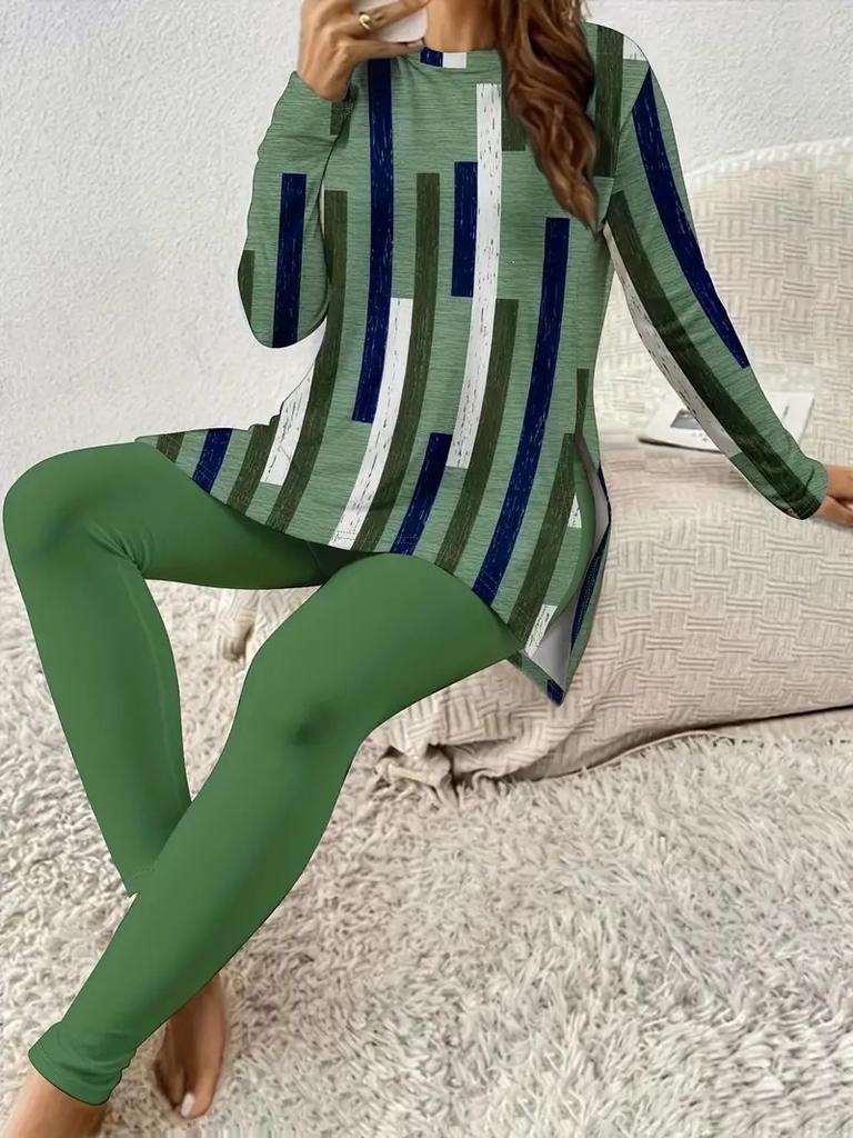 1116 New Casual Fashion Long Sleeve Crew Neck T-Shirt Yoga Pants Set