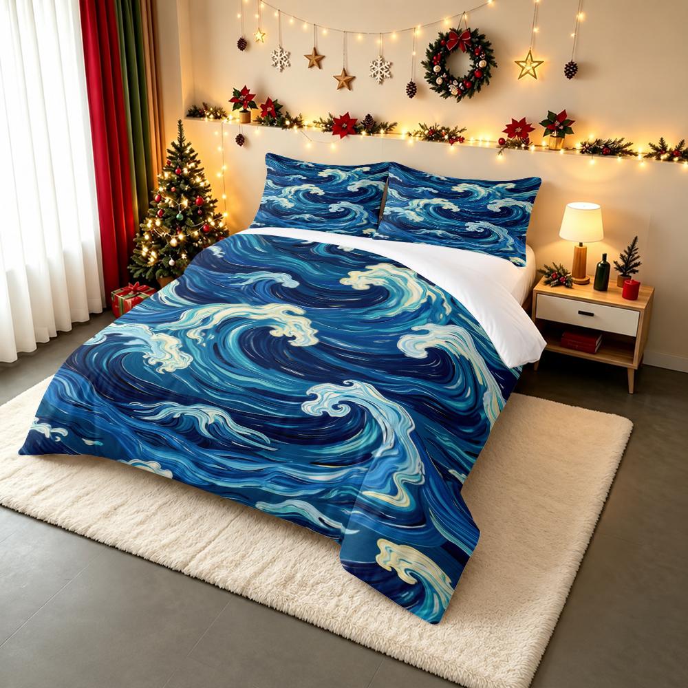 Blue Swirling Ocean Waves Van Gogh Style Bedding set (1 duvet cover, 2 pillowcases, duvet not included), Nautical Art Print