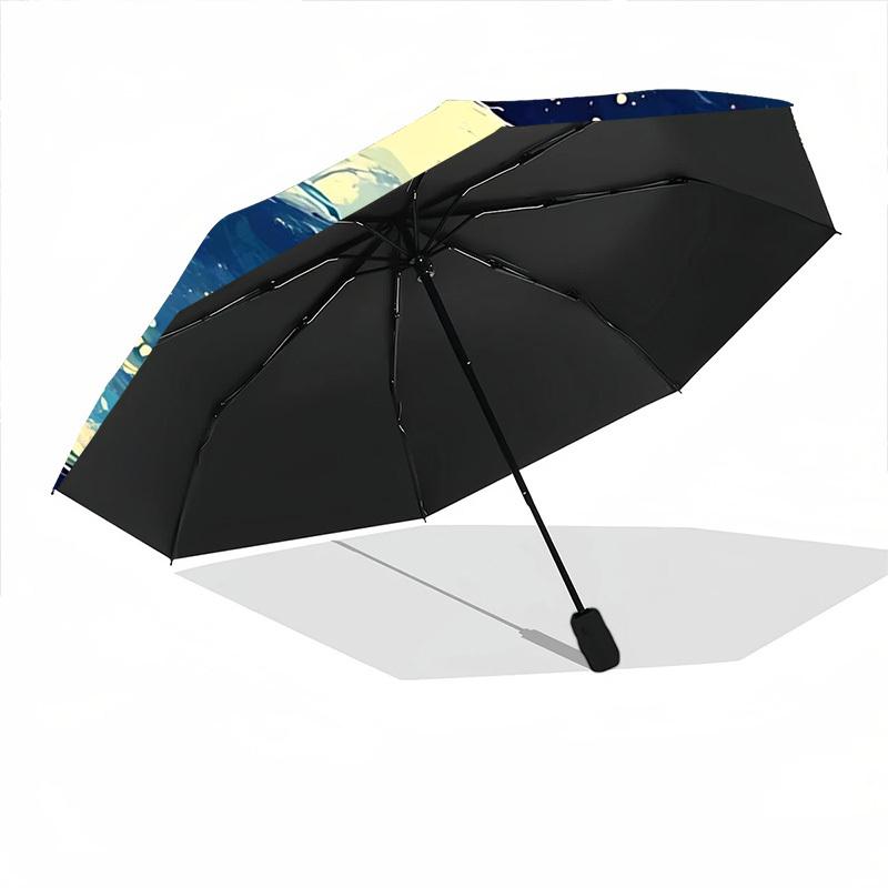 1pc Cosmic Cat Pattern Automatic Folding Umbrella - Compact 8-Rib Design, Durable Plastic & Iron, Lightweight for Outdoor Daily Use045