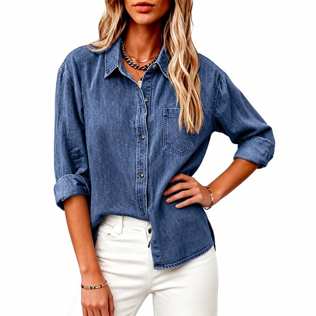 Women's Loose Fit Denim- Buttoned Top with Casual Design for Everyday Wear and