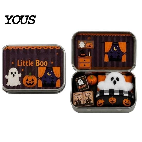 Kids Halloween Party Favor Mini Ghost Tin Box Set, Little Pocket Cute In A Box, Soft Plush Figurine Miniature Scene Spooky Desktop Decor, Gifts