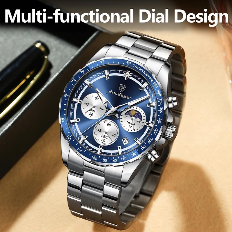 Mens Watches Multifunctional Chronograph Watch For Men 30M Waterproof Luminous Moon Phase Quartz Wristwatches Box