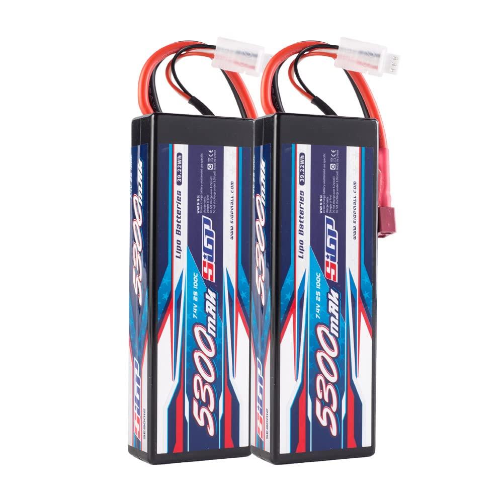 SIGP 2S 7.4V 5300mAh LiPo 100C T-Plug Hard Pack for RC Drones, Helicopters, Trucks, Truggys, FPV Racing, Two Packs