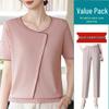 2026 Ice Silk Summer T-Shirt Set for Middle-Aged & Elderly Women: Short-Sleeve, Stylish, Lightweight Knitted Top
