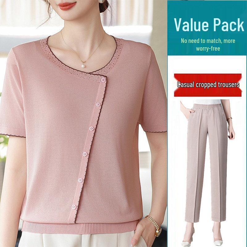 2026 Ice Silk Summer T-Shirt Set for Middle-Aged & Elderly Women: Short-Sleeve, Stylish, Lightweight Knitted Top