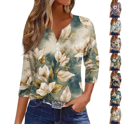 Women's Fashion Casual Floral Print V-Neck Decorative Button Three-quarter Sleeve T-Shirt Top
