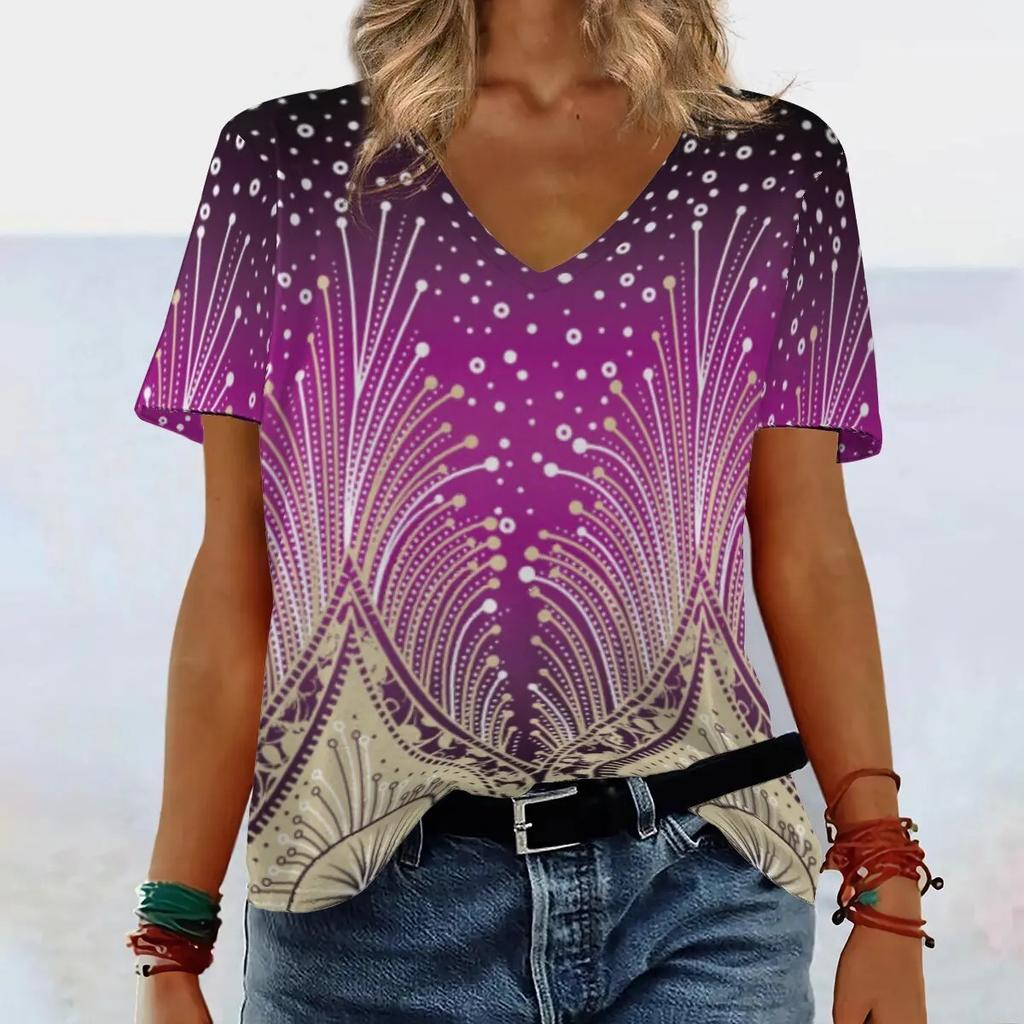 Summer V-neck 3D Gradient Printed Top Fashionable Casual Short Sleeved Women's T-shirts