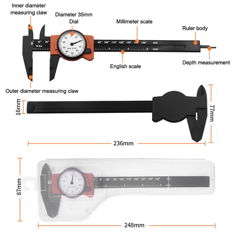0-150Mm 0-6" Rýsovací Vernierové posuvné měřítko s hodinkami Plastové Vernierové posuvné měřítko s úložným boxem Vysoce přesné nástrojové nářadí