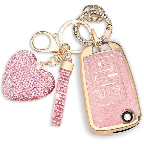 QBUC for Chevy Key Fob Cover with Diamond Keychain, for Chevrolet Equinox Malibu Camaro Cruze Impala GMC, for Buick LaCrosse Regal Allure Key