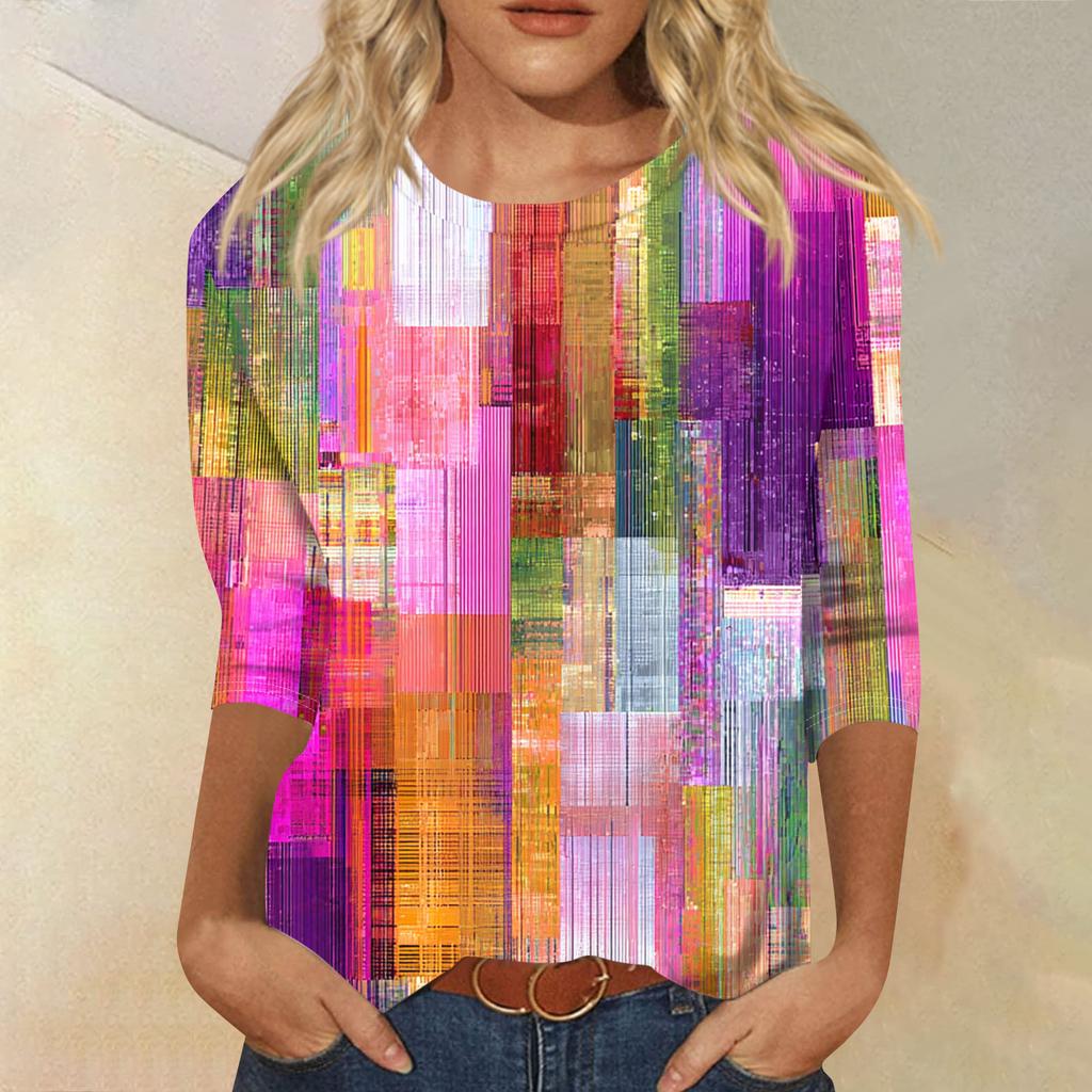 Women's Fashion Casual Round Neck Three-quarter Sleeve Gradient Print T-shirt Top