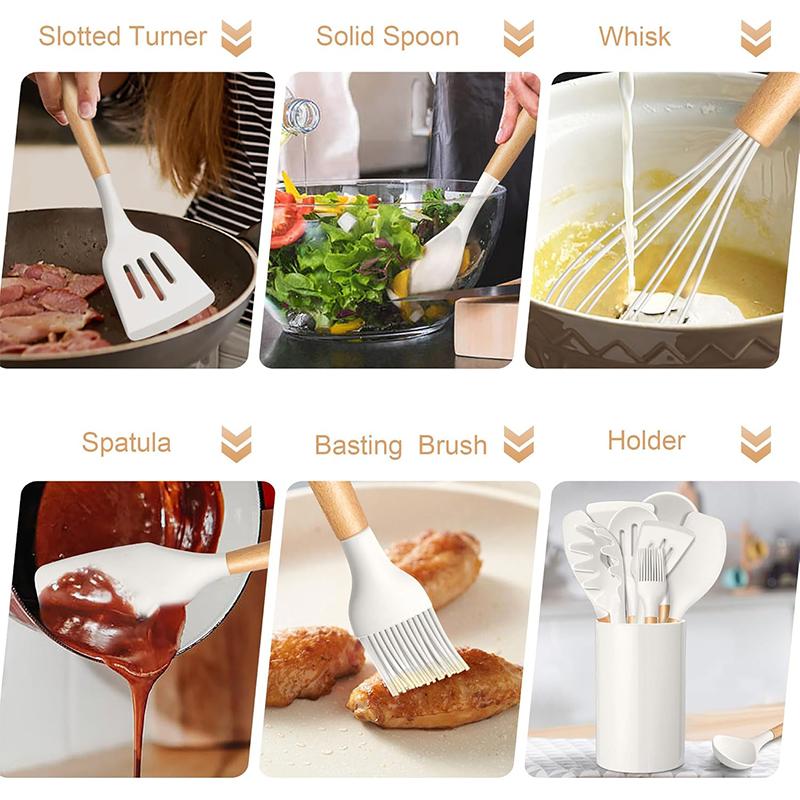 12 Pcs Silicone Kitchen Utensils Set Non Stick Silicone Cooking Utensil Set Heat Resistant Cookware with Wooden Handle JT558