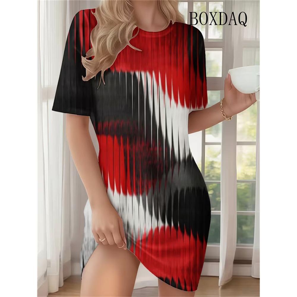 Tie Dye Abstract Gradient Striped Print Dresses For Women 2026 Summer Clothing Casual Short Sleeve Loose Dress