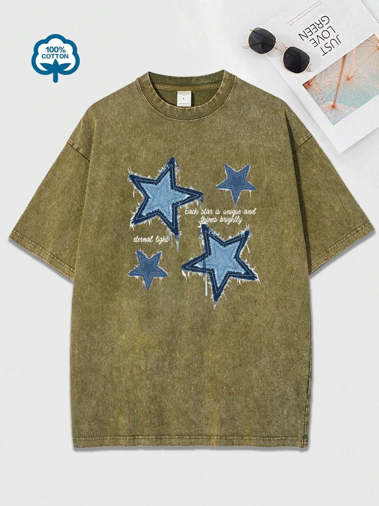 Retro Blue Jean Star Print  Snow Wash T Shirt Woman Y2K Washed Tees O-Neck Casual Short Sleeve All-Match Cotton Womens Clothes