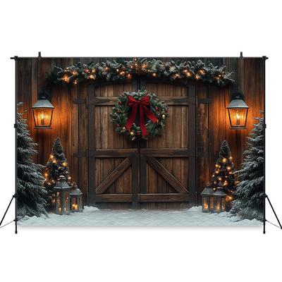 Mocsicka Photography Background Christmas Decor Photo Backdrop Green Xmas Tree Vintage Wooden House Door Pattern Shootin28