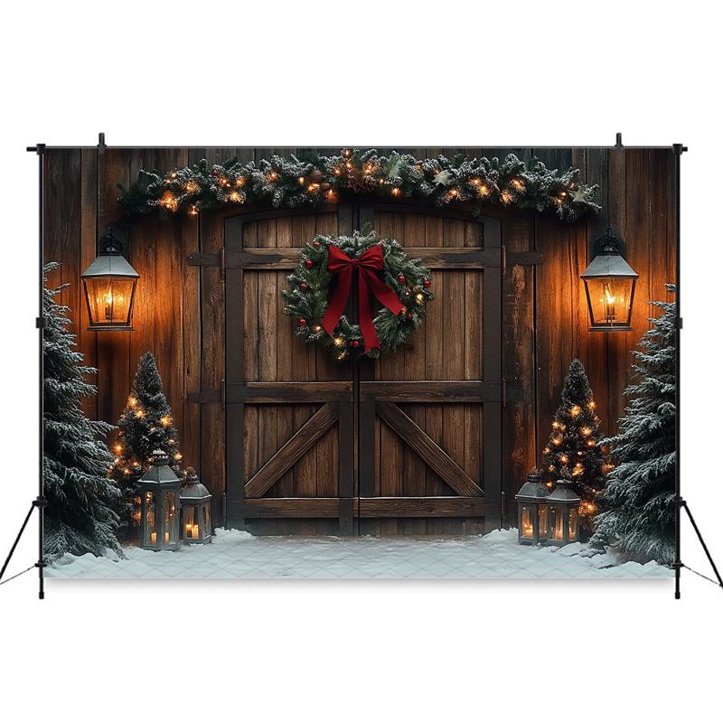 Mocsicka Photography Background Christmas Decor Photo Backdrop Green Xmas Tree Vintage Wooden House Door Pattern Shooting Banner