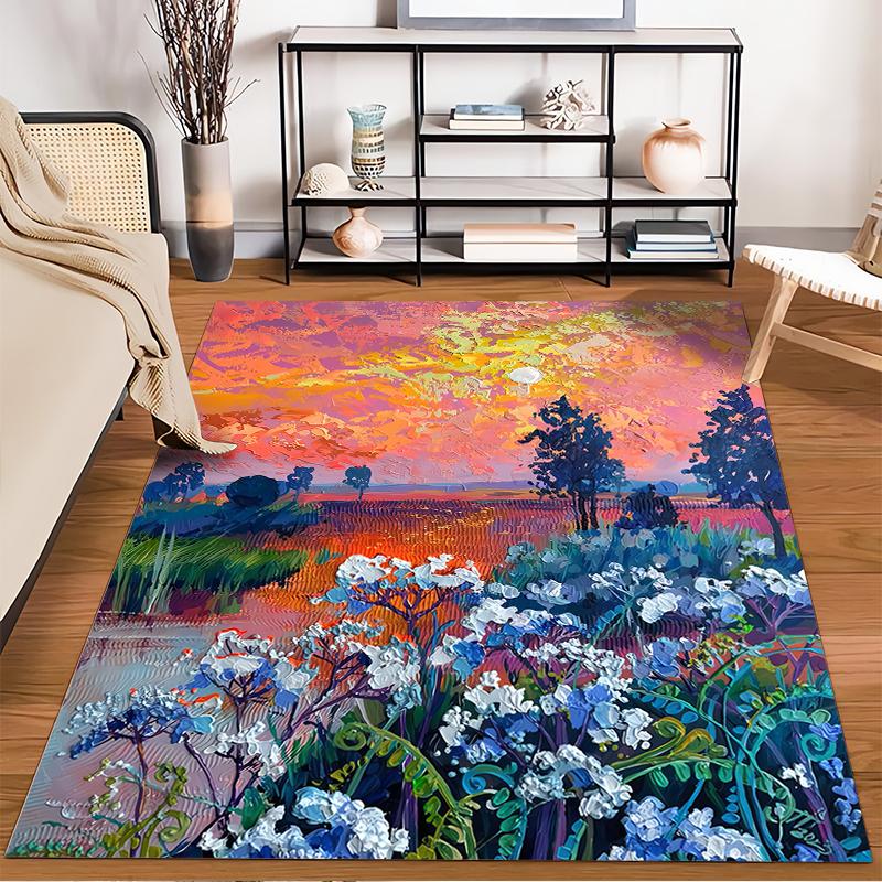 Colorful Sunset Landscape Carpet with Flowers and Artistic Design Suitable for use as an anti-slip for living room bedroom sofas