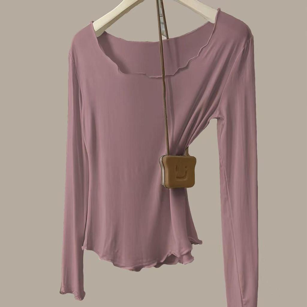 Women's Autumn Modal Ribbed Top: Round Neck, Long Sleeve, Rolled Hem, Base Layer T-Shirt