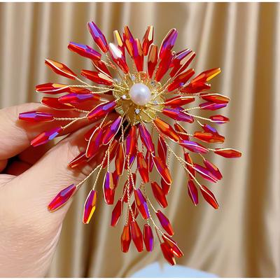 Hand Woven Corsage Red Dual Purpose Brooch Retro Artificial Crystal Flower Clothing Accessories Brooch