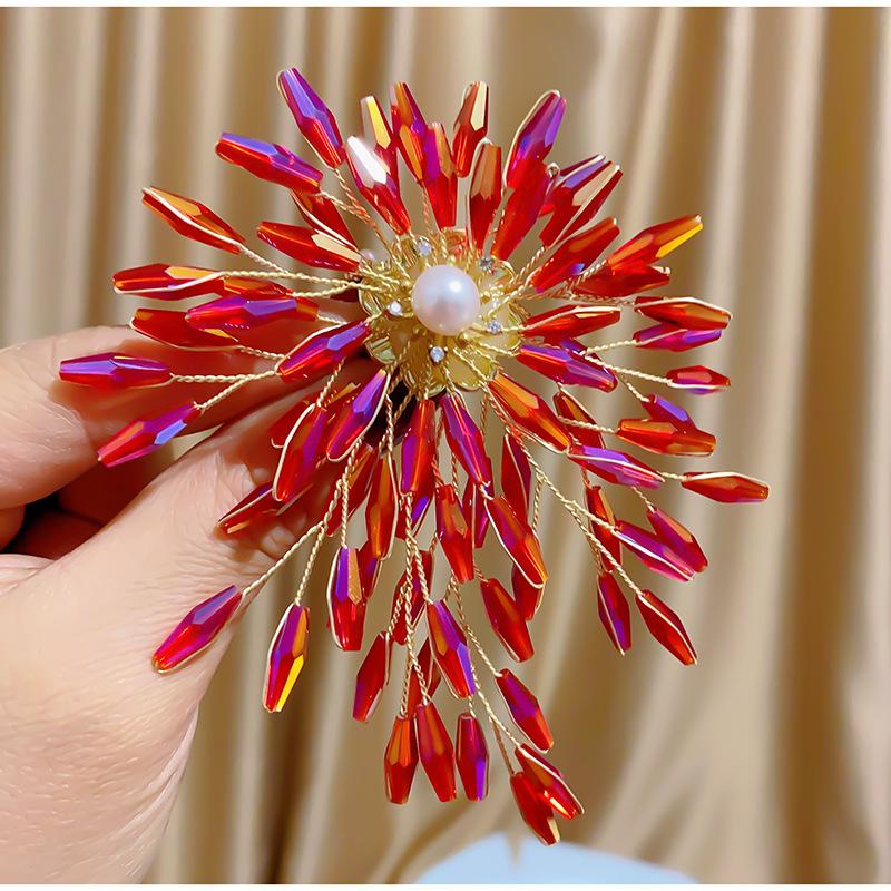 

Hand Woven Corsage Red Dual Purpose Brooch Retro Artificial Crystal Flower Clothing Accessories Brooch