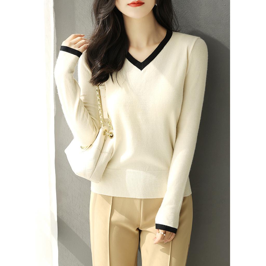 Women's Spring and Autumn Long-sleeved V-neck Knitted Colorblocking Pullover Sweater Long-sleeved Slim Bottoming Shirt