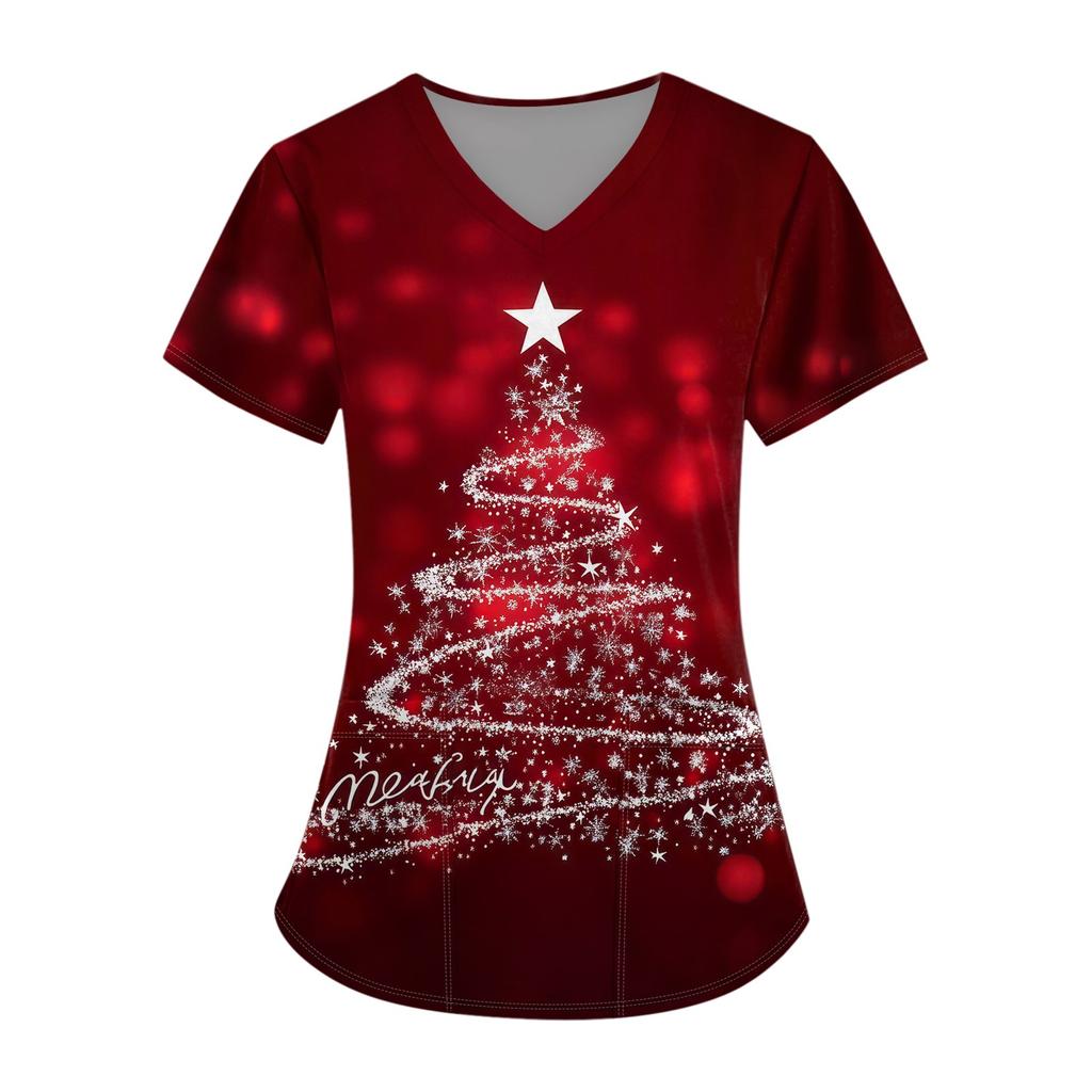 Hauts d'uniforme de travail imprimés grande taille pour femmes, col en V croisé, imprimé Halloween, manches courtes, t-shirts amusants, t-shirts de travail avec poches