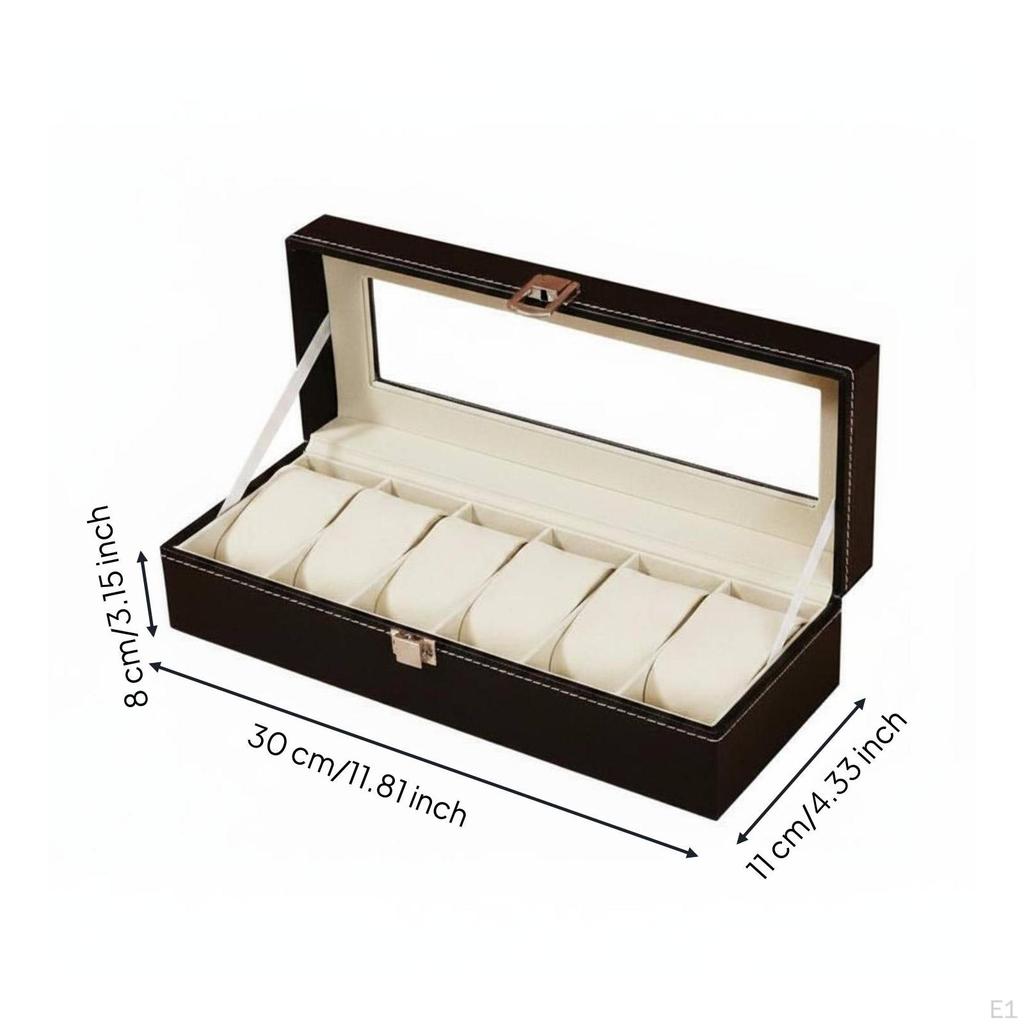 6 Slot Watch Box Padded Compartments Glass Lid Display Case Clear Window Timepiece Organizer