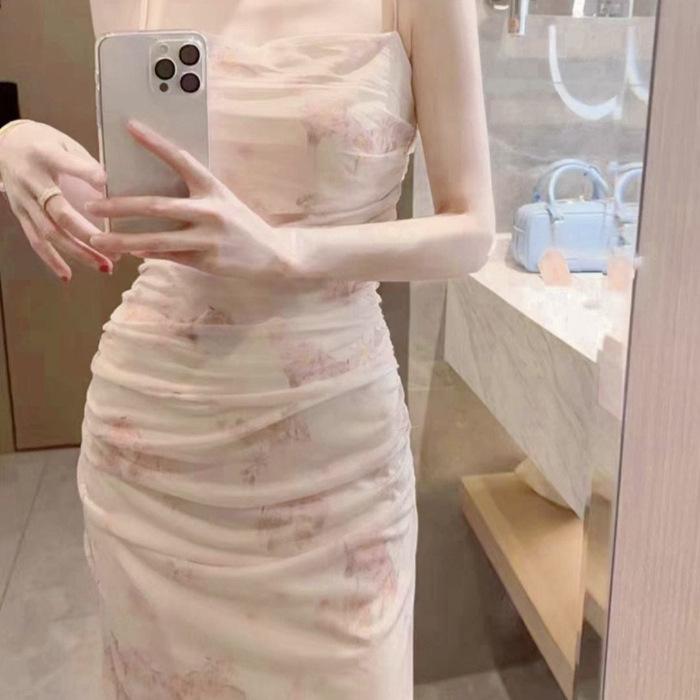 

Spring and summer film skirt photo floral suspender dress female pure desire slim fit inside and outside wear fishtail hip wrap dress S розовый