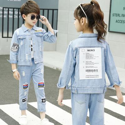 Denim Children's Suit Jacket Pants Set  Spring/autumn   Korean Style Cross-border Fashion for Boys Girls
