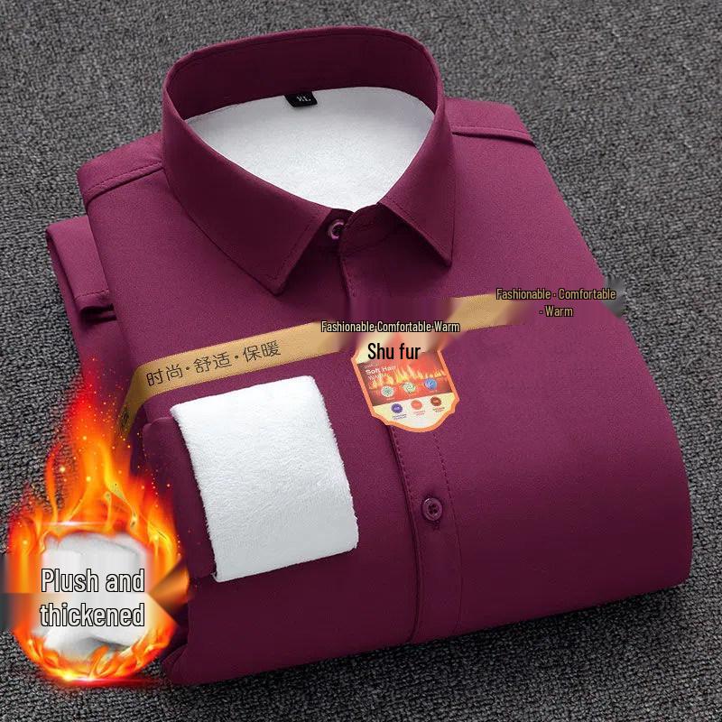 Męska pogrubiona plus aksamitna koszula z długim rękawem w jednolitym kolorze, ciepła, do noszenia biznesowego casual - Jesień/Zima