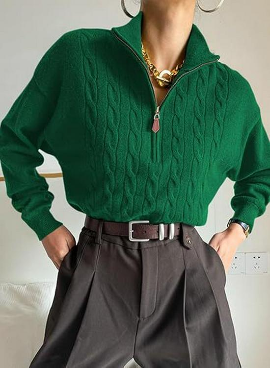 Women's Half-High Collar Zipper Ribbed Knit Pullover Sweater, Short-Sleeve, Loose Fit, 2025 Autumn/Winter Collection.