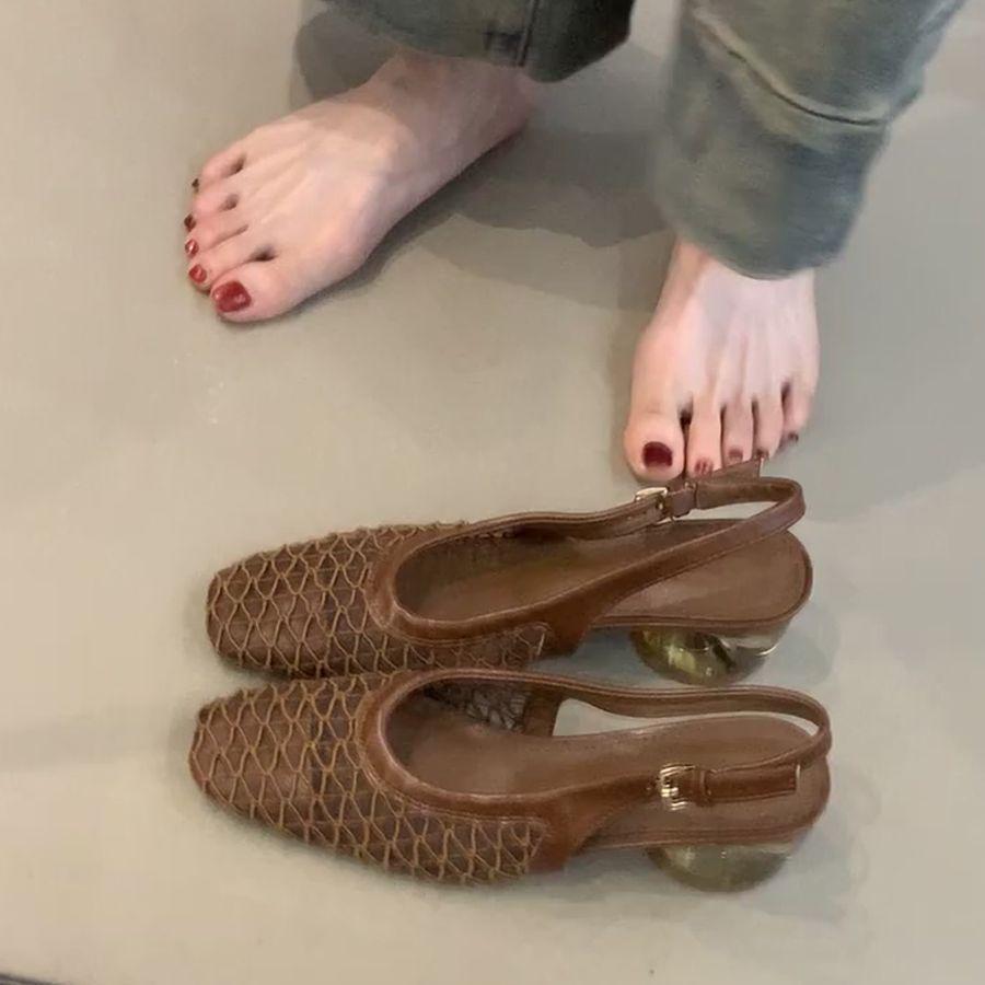 2025 New French Temperament Woven Bag Head Sandals Women's Rear Strap Thick Heel Small Fragrant Square Head Mary Jane Single Shoes