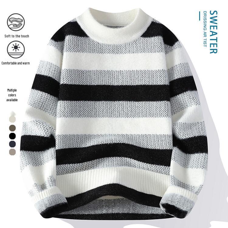Men s Trendy Jacquard Stripe Round Neck Sweater - Thick, Warm, New Winter Arrival Large чёрный/белый