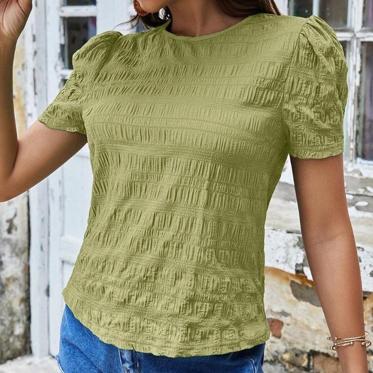 

Women s Spring Summer Casual Jacquard Plaid Shirt Blouse Round Neck Short Sleeve Top XL зелёный