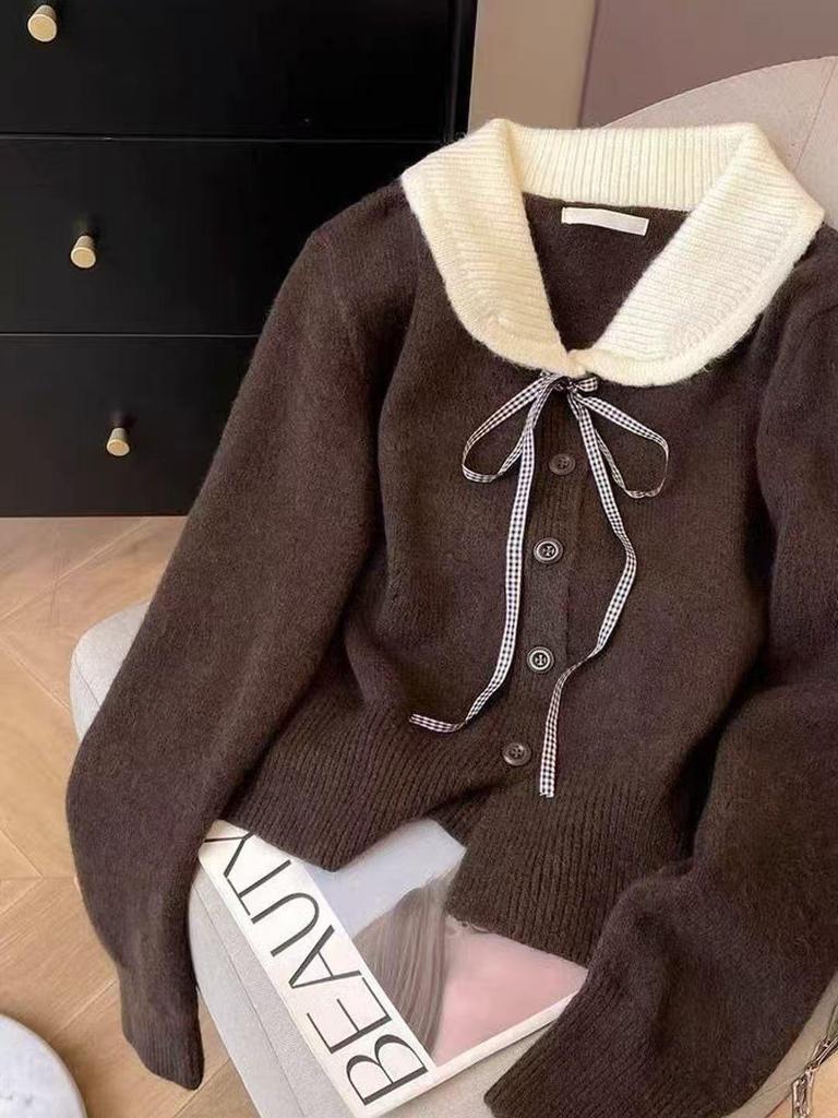 Korean Doll Collar Cardigan: Elegant Knitwear with Bow Tie Lace for Spring & Autumn